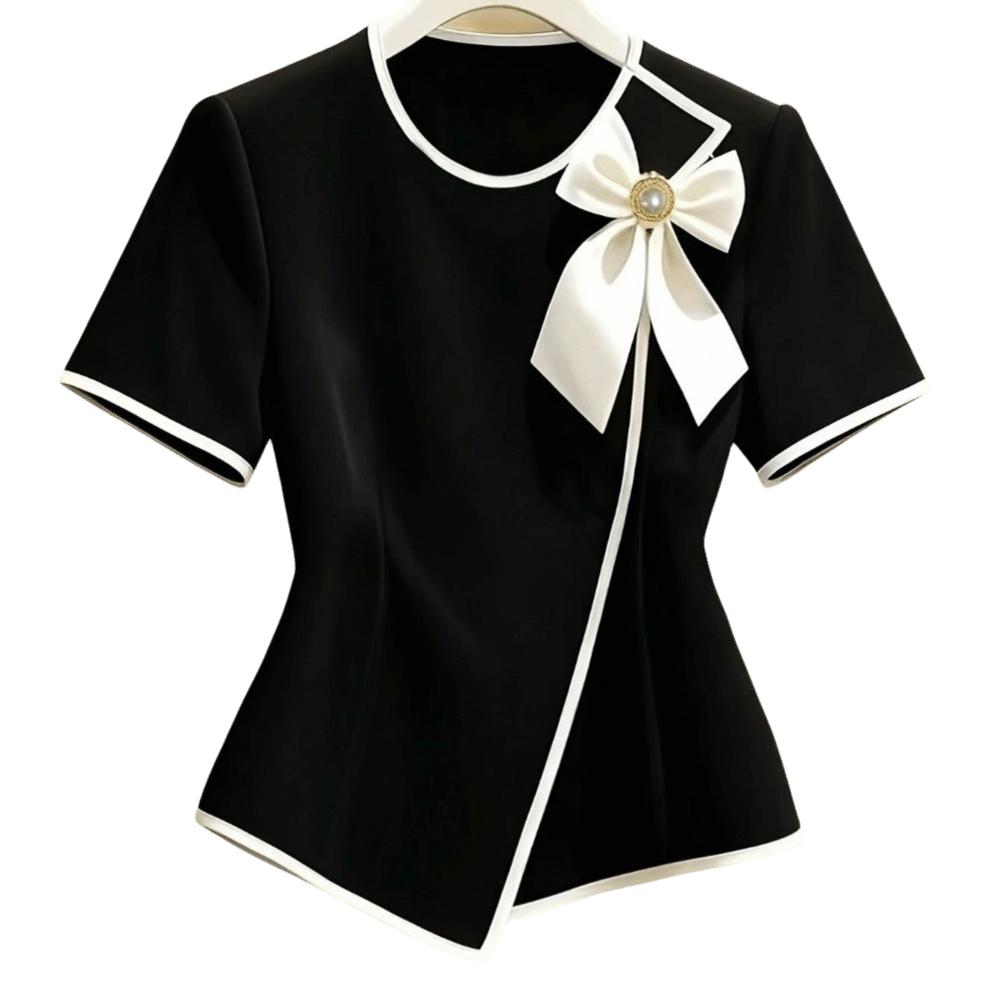 Round Neck Bow T-Shirt Slim Fit Office Blouse Temperament Women s Short Sleeve  Summer Season S чёрный