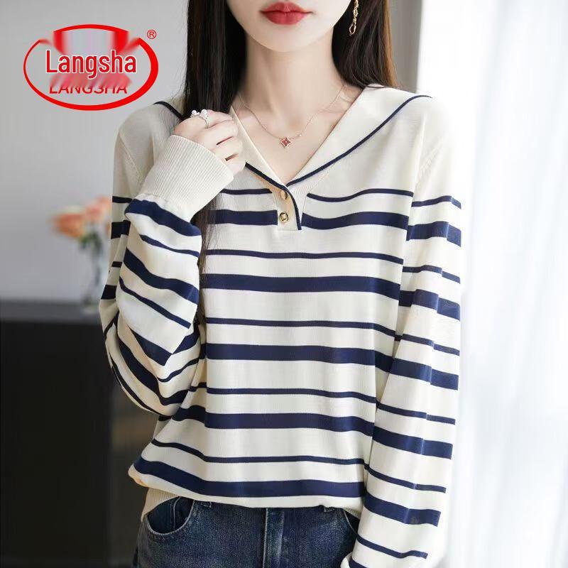 LangSha Women s Striped Sailor Collar Ice Silk Knit Top 2XL