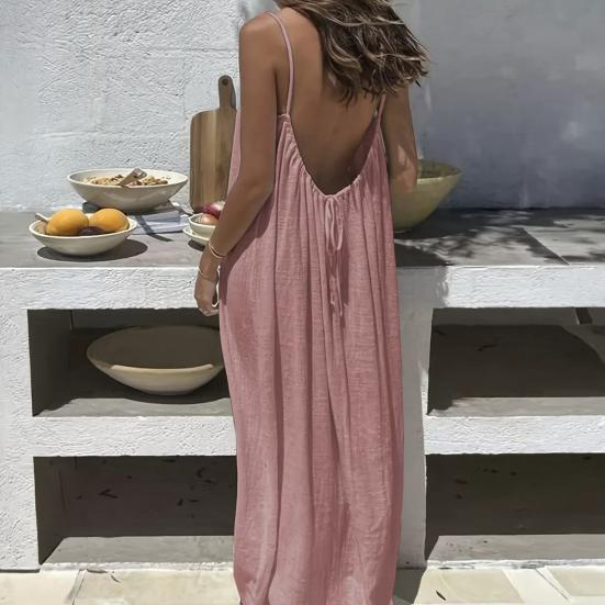 Summer Backless Cami Dress for Women Flowy Beach Vacation Maxi Sundress Spaghetti Strap Loose Lounge Dress