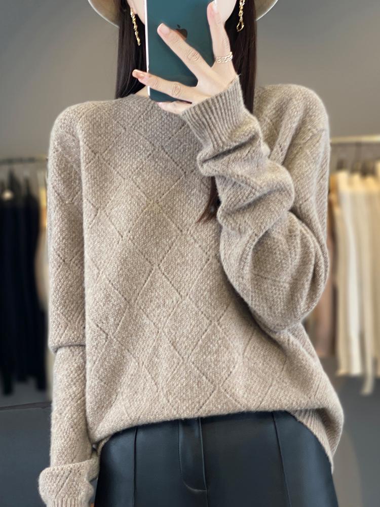 

Women s Pure Wool Round Neck Diamond Knitted Sweater - Autumn/Winter Long Sleeve Jumper One Size