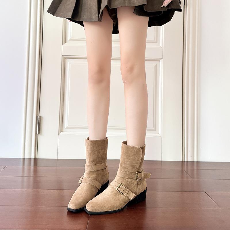 New foldable thick heel square head belt buckle short boots women's short western boots retro thin boots women's