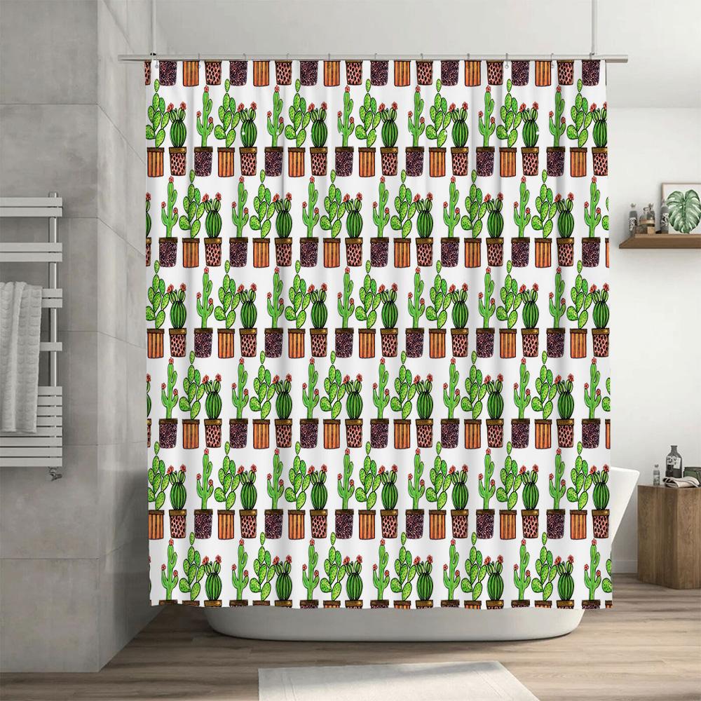 Green Cactus Pattern Shower Curtain, Home Decor, Modern Bath Decoration For Kids Room, Easy Installation In White Fabric Print
