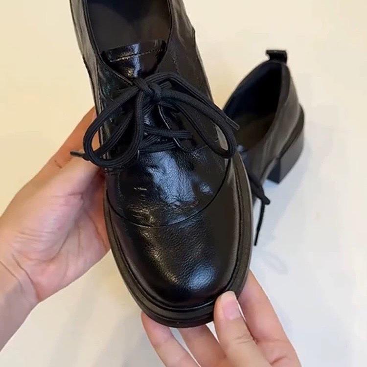 British retro style round head lace-up loafers 2025 autumn and winter new commuting versatile thick heel small leather shoes women's single shoes