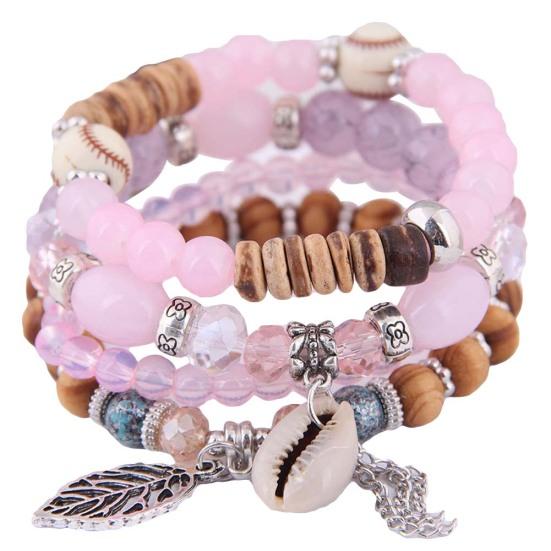 4Pcs/Set Bohemian Women Cowrie Shell Leaf Charm Candy Beaded Elastic Bracelet
