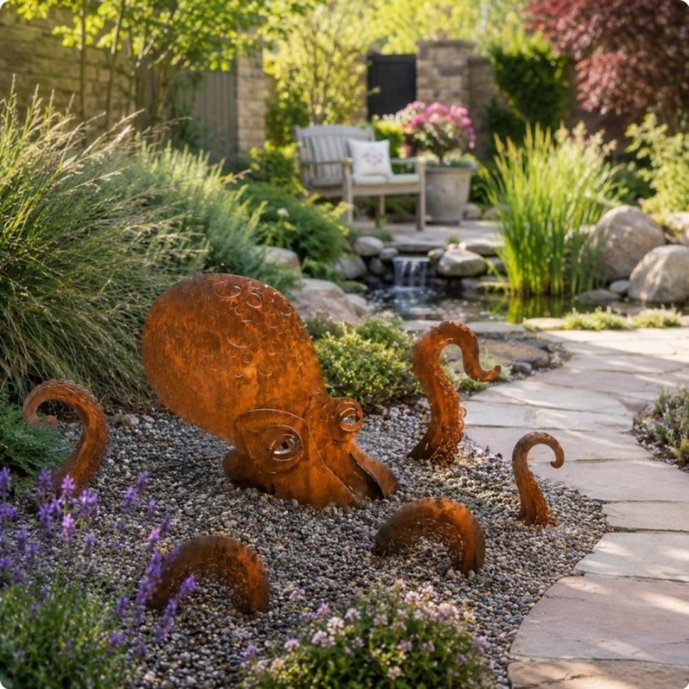 Vintage Iron Rusty Metal Squid Garden Statue Coastal Art Squid Yard Art Decor Outdoor Yard Art