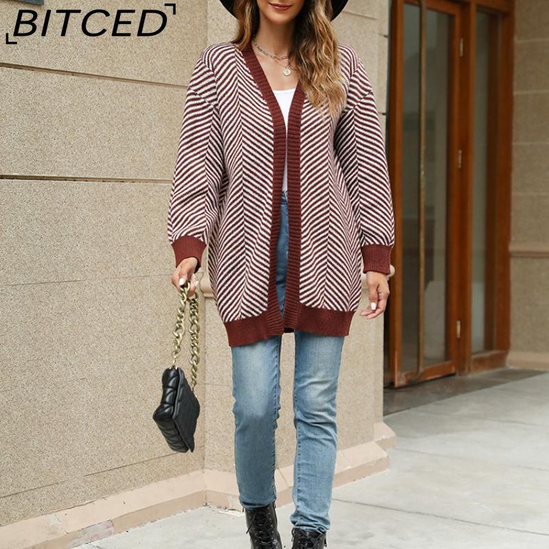 BITCED Oversized Long Cardigan Sweater for Women Autumn/Winter Lazy Style Striped Colour-Block Knit Cardigan