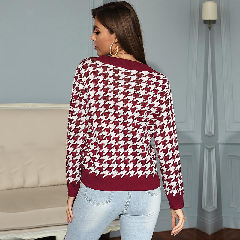 Vintage Fashion Elegant Casual Long-sleeved Kilim Jacquard Jacquard V-neck Bottoming Knit Sweater Women Fall