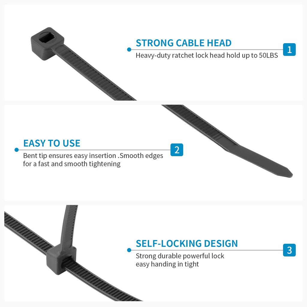 XINGO 1500pcs Black Cable Ties, 100mm, 150mm, 200mm, 250mm, 300mm, Heavy-Duty Self-Locking Premium Plastic Cable Wire Ties for Indoor and Outdoor Use