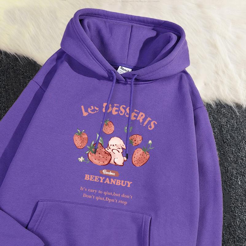 Cute Strawberry And Rabbit Printed Sweatshirt Pocket Soft Warm Breathable Pullover Autumn Winter Hoody