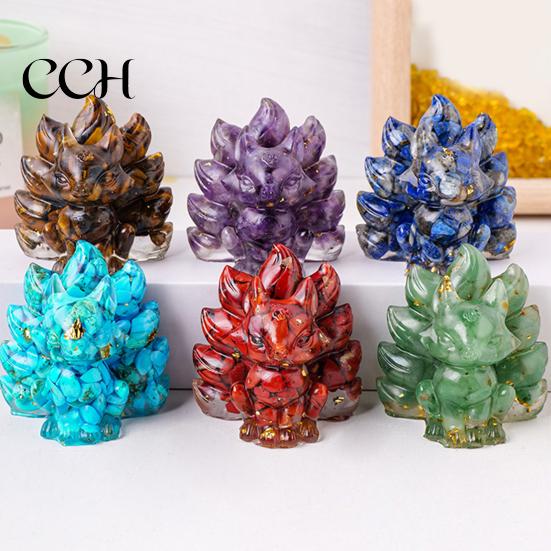 Nine-tailed Fox Ornament Natural Stone Foxes Figurine Positive Healing Energy Hand-carved Colorful Faux Collectible Toy Crystal Sitting Animal Statue