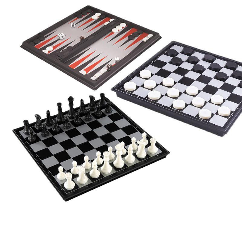 Youbang Drei-in-Eins Magnetisches Faltbares Schach-, Dame- und Backgammon-Spielset (Mittel)