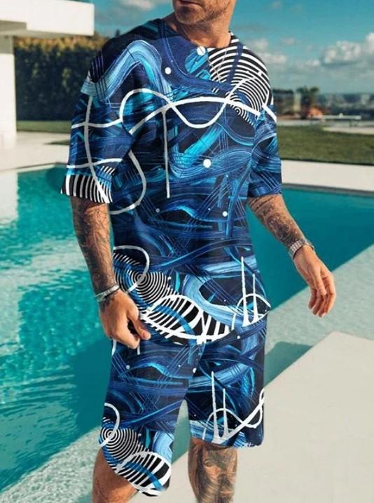 Independent Station New European and American Summer Men's Trend Casual Beach Style Texture 3D Digital Printing T-Shirt Shorts Set