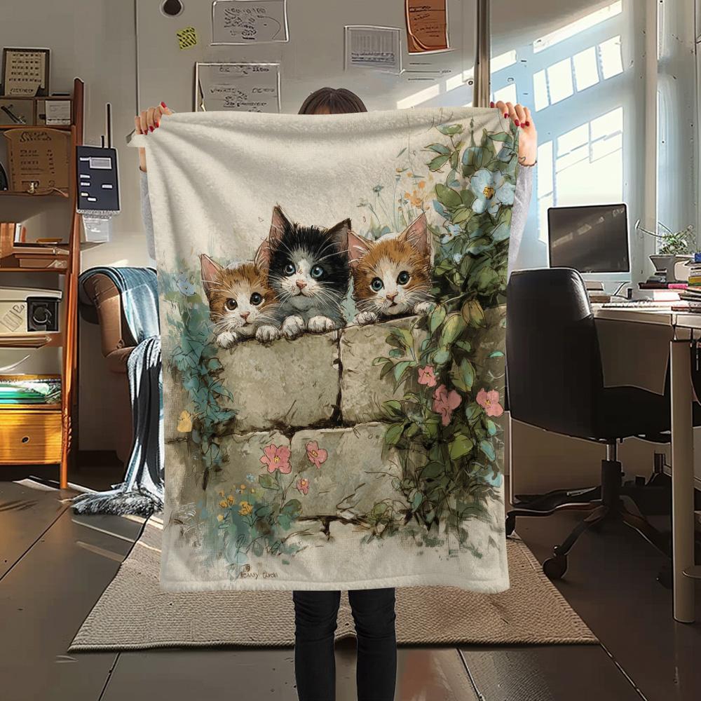 Peeking Cats Print Flannel Blanket, High quality Comfortable for All Seasons, Home Decor, Warmth and Comfort