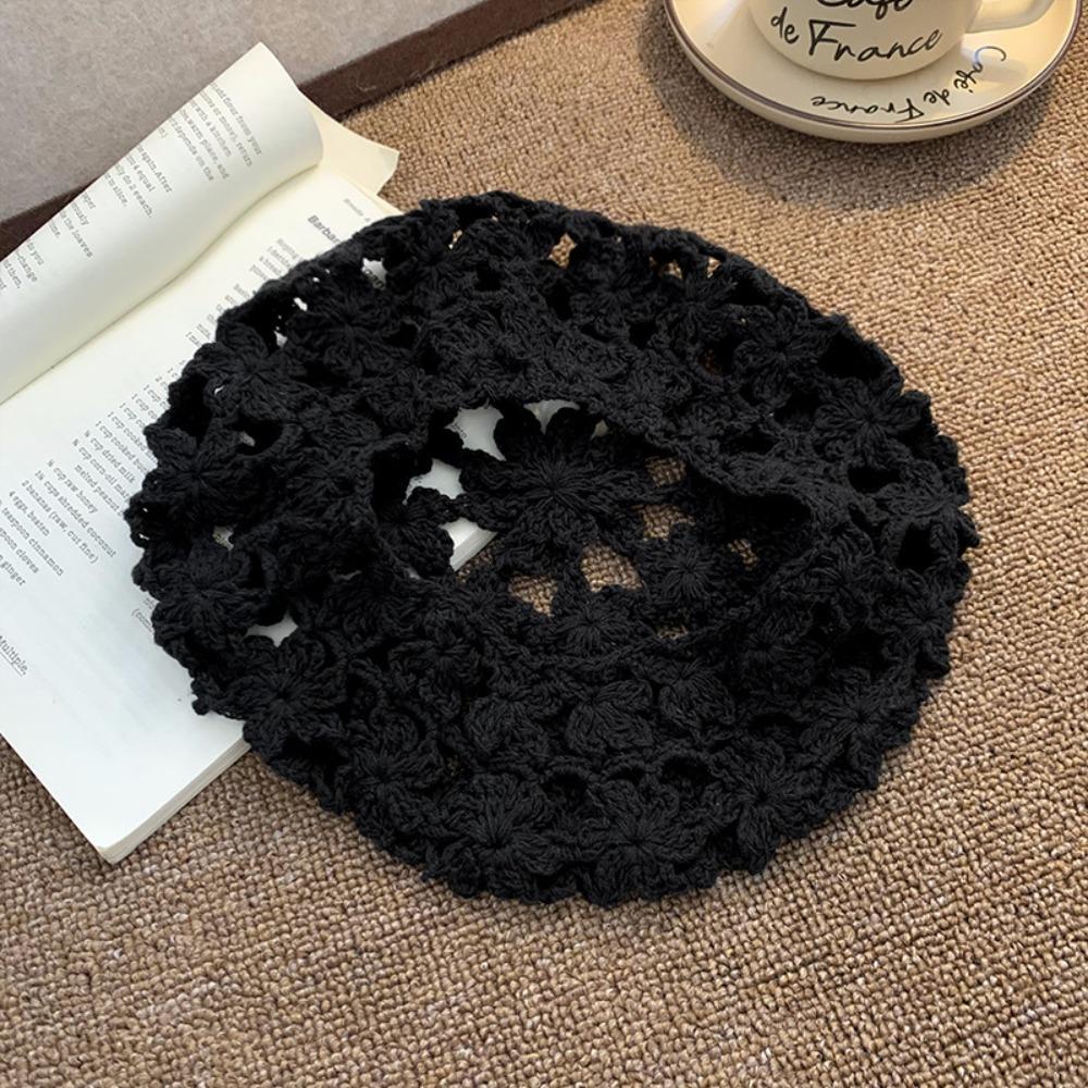

Linen Hollowed Out Beret Hat Cotton Spring Crochet Knitted Cap Lace Hollow Flower Hat Girls чорний