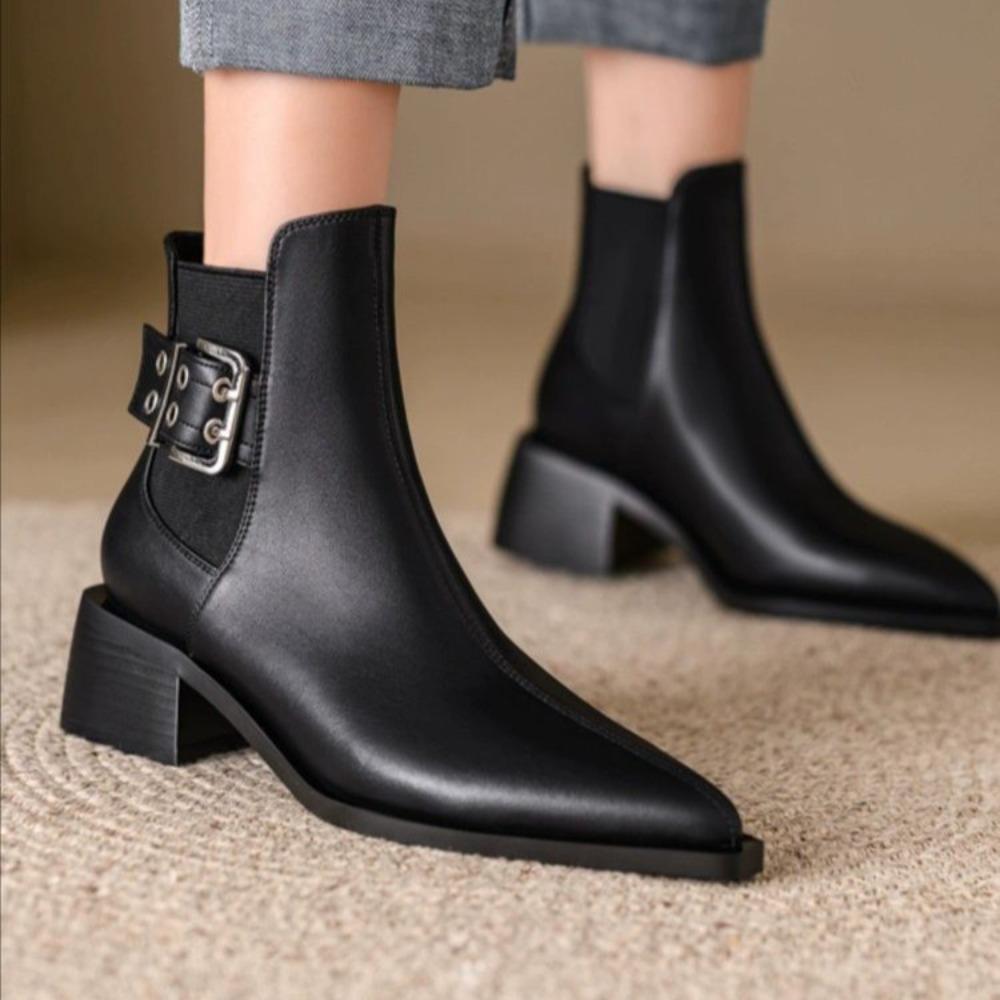 Women's Boots Mid Heel Pointed Solid Color Versatile Soft Leather Fashionable Short Boots Women Shoes Ankle Boots for Women