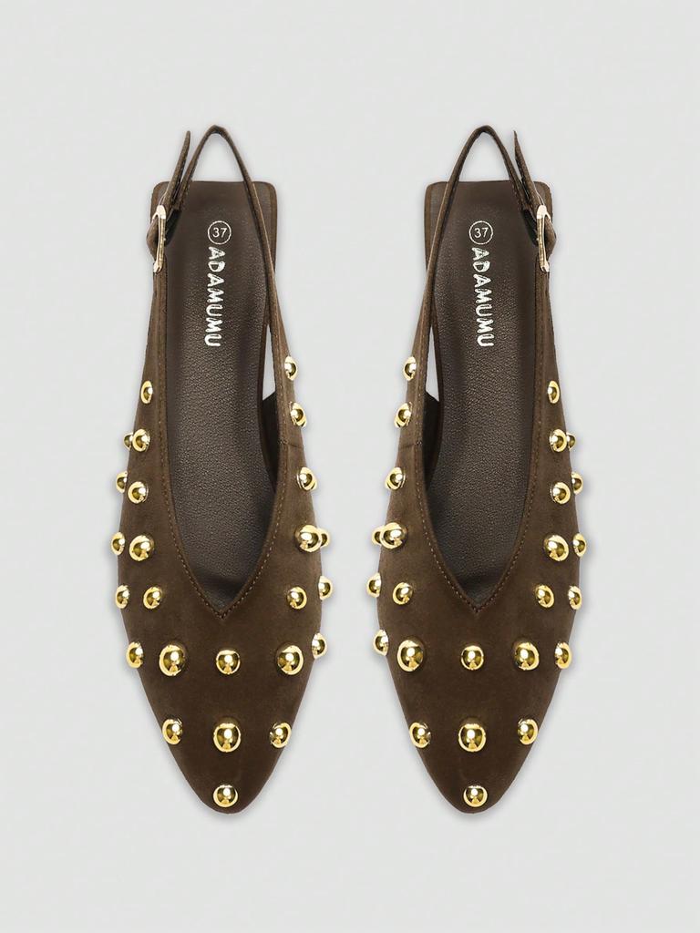 Brown Pointed Toe Mary Jane Backless Slip-on Sandals, Gold Metal Ball Decor, Adjustable Back Strap