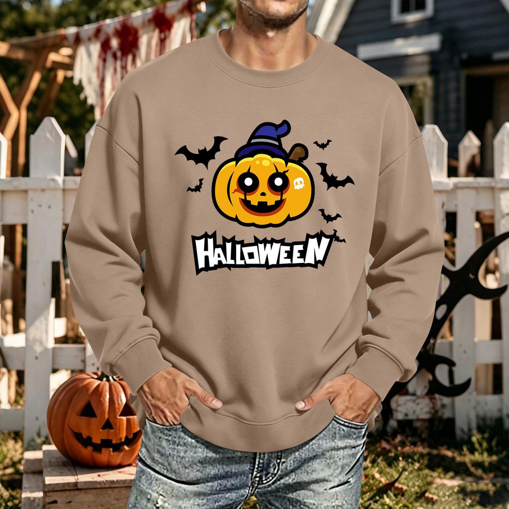 Men's Halloween Printed Long Sleeve T-Shirt Crewneck Casual Sports Top Unisex for Couples