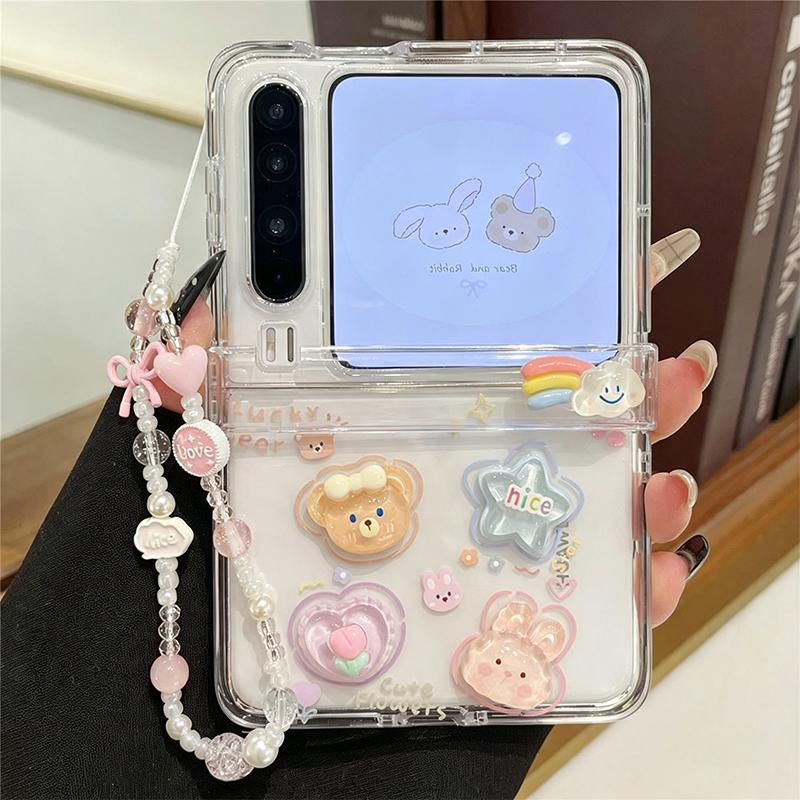 For Samsung Z Flip 7 Case Cute 3d Cartoon Bear Rabbit Clear Phone Case For Samsung Galaxy Z Flip7 Z Flip6 Z Flip5 Z Flip4 Z Flip3 Cover With Chain