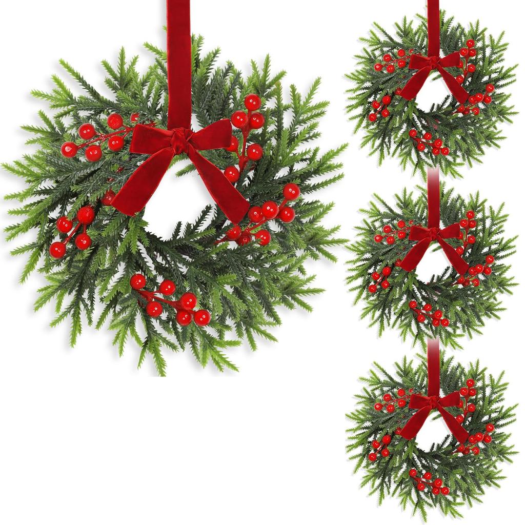 Weihnachtskranz für Schränke Küche, 11 Zoll Hängende Kleine Weihnachtskränze mit Roten Schleifen Zeder-Bra