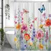 Floral Shower Curtain Flower Butterfly Blooming Spring Watercolor Natural Botanical Shower Curtain, Waterproof with Hooks