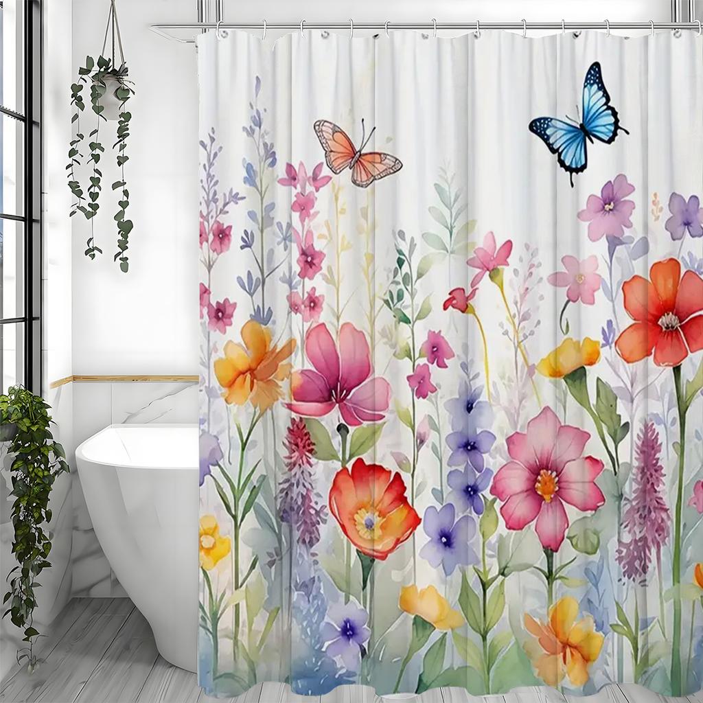 Floral Shower Curtain Flower Butterfly Blooming Spring Watercolor Natural Botanical Shower Curtain, Waterproof with Hooks