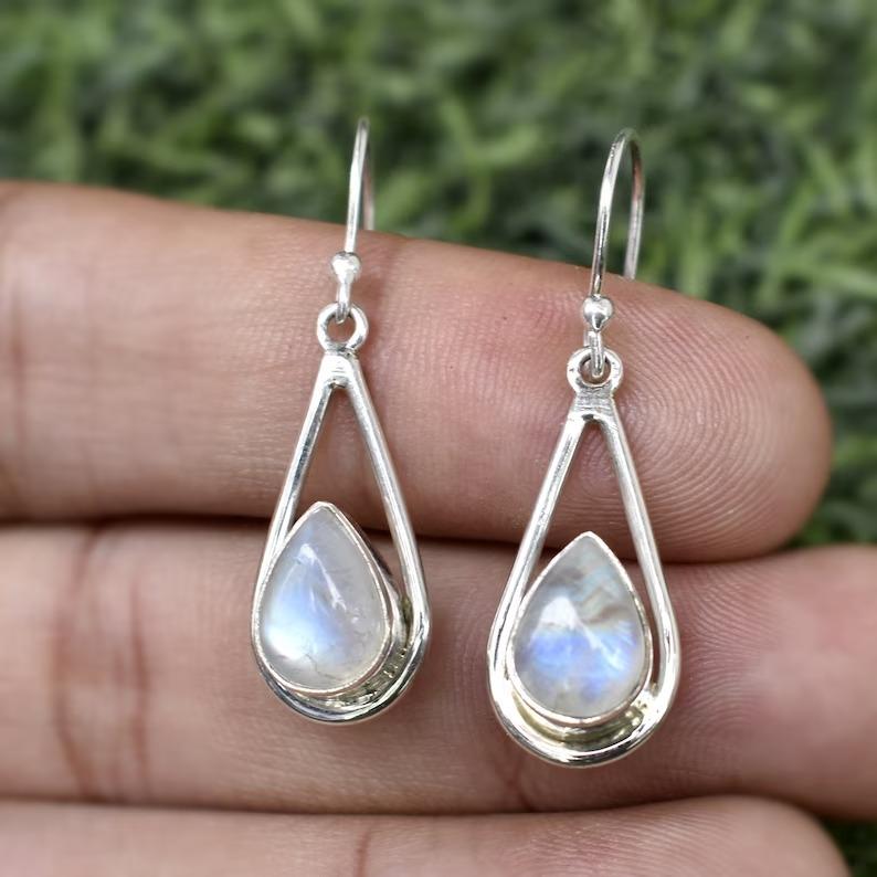 Moonstone Gemstone Earrings 925 Sterling Silver Earrings, Handmade Dangle Gemstone Earrings Jewelry For Women - 6.5 Aprox