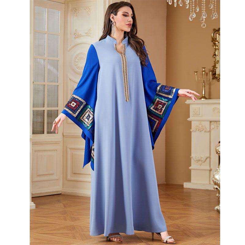 

Дубай Юго-Восточная Азия Одежда Свободный халат Контрастный цвет С пайетками Вышивка Ближний Восток Торжественное платье Платье Дубай Платье Light Blue 2XL