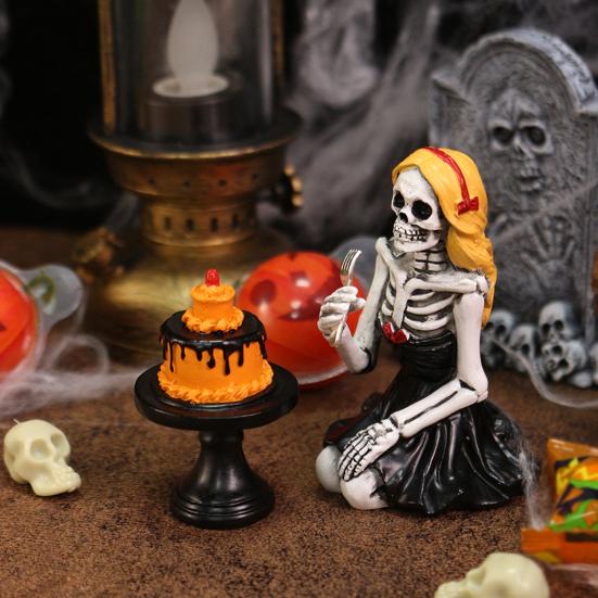 Skeleton Girl Ornament Skeleton Girl Eating A Cake Figurine Gothic Tabletop Sculpture for Halloween Party Decoration