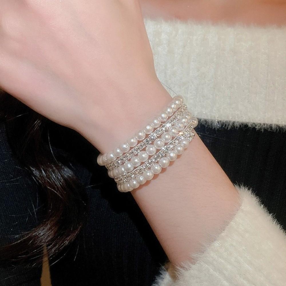 Luxury Multi layer Rhinestones Bangles Fashion Stretchable Pearl Cuff Bridal