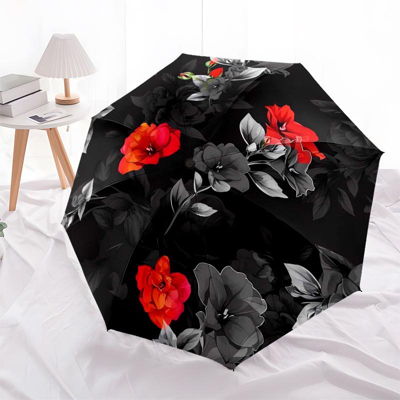 1pc Black and Red Floral Pattern Umbrella with Plastic Handle,Compact & Stylish,Cartoon Pattern,Outdoor Umbrellaptys26001