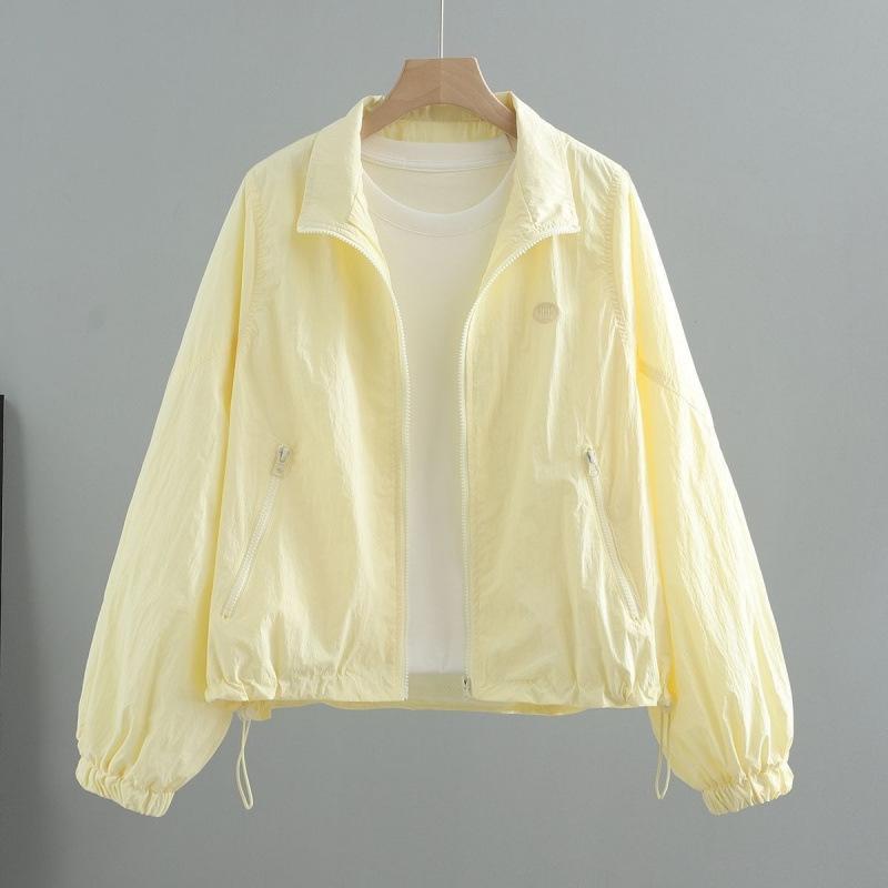 Summer Lightweight Drawstring Sun Protection Jacket Women Short New Suncreen Coat Korean Loose Letter Stand Collar Jacket Top