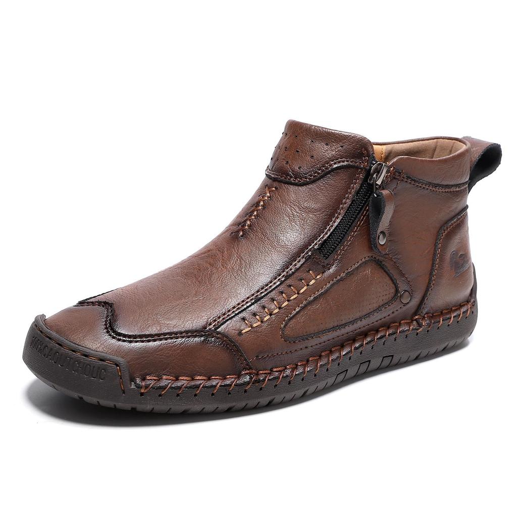 New Classic Handmade Leather Men's Shoes with Zipper Design Outdoor Sneakers Casual Flat Shoes Men Work Shoes Ankle Boots