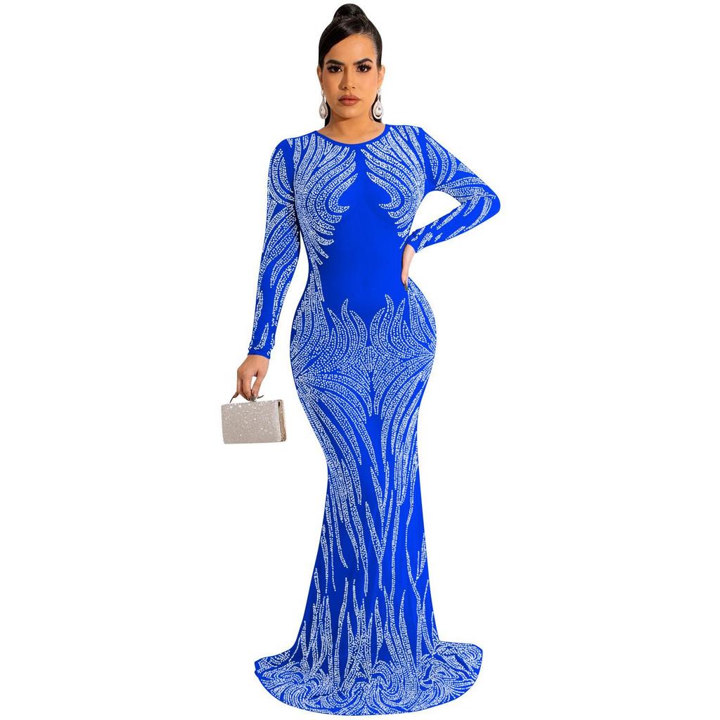 Rhinestone Mesh See-through Long Sleeve Nightclub Dress