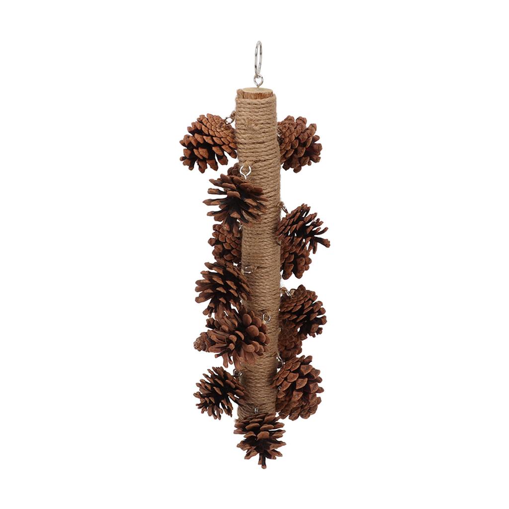 Birds Bite Toy Wooden Pine Cone Hanging Parrots Beak Grinding Toy with Metal Hook for Cage40cm