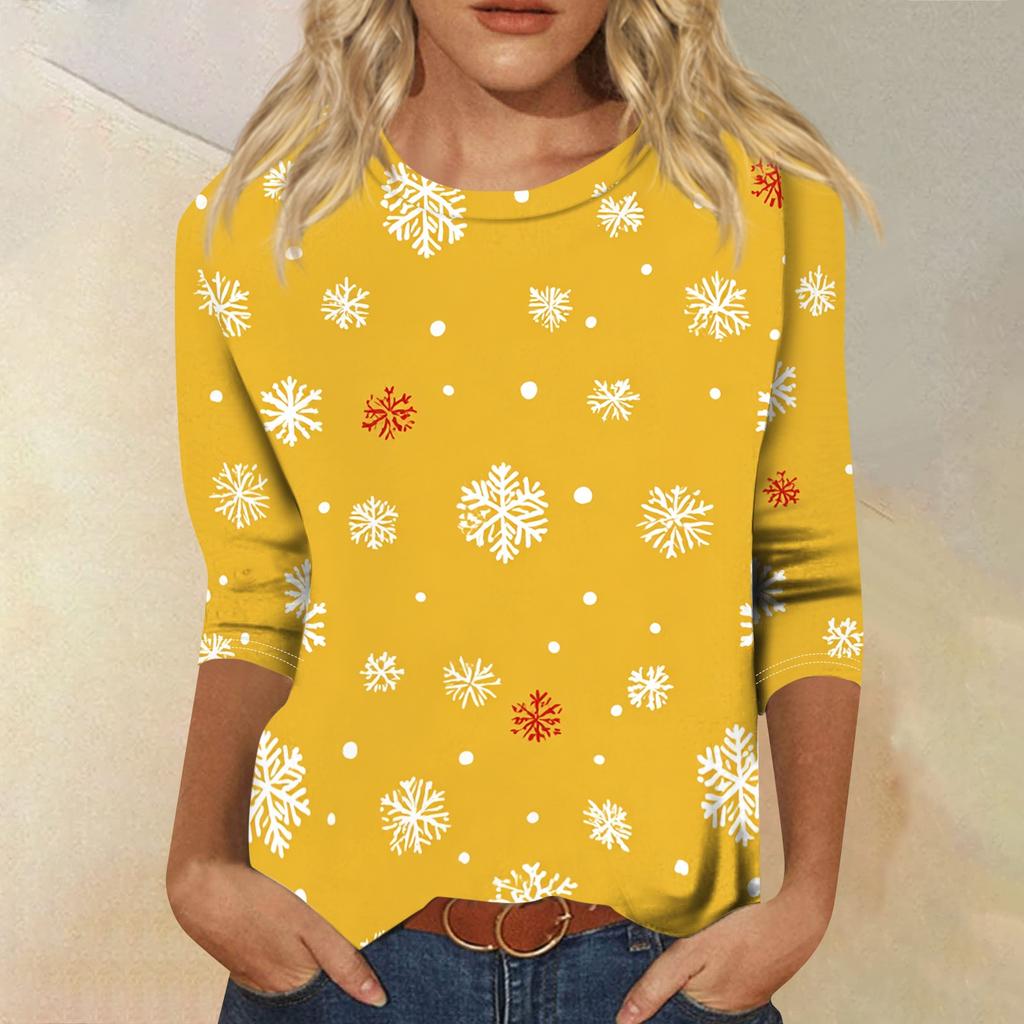 Women's Christmas Print Three-Quarter Sleeve Loose Fit Casual Neck Shirt Top