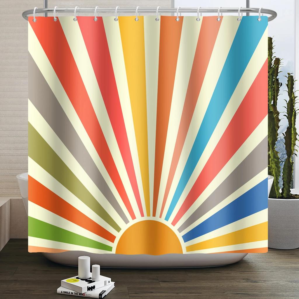 70s Retro Rainbow Shower Curtain Hippy Funky Cartoon Mushroom Floral Bathroom Curtain Polyester Waterproof Fabric Bathtub Screen