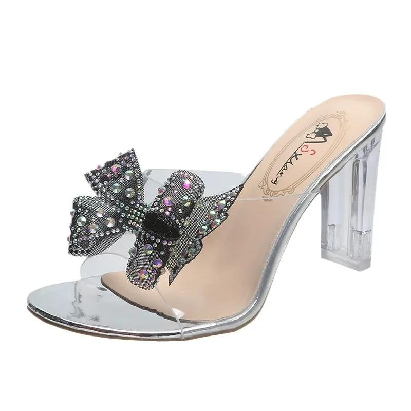 Fashion High Heeled Slippers for Women 2025 New Fashion Korean Version Rhinestone Bow Transparent Crystal Heel Sandals for Women