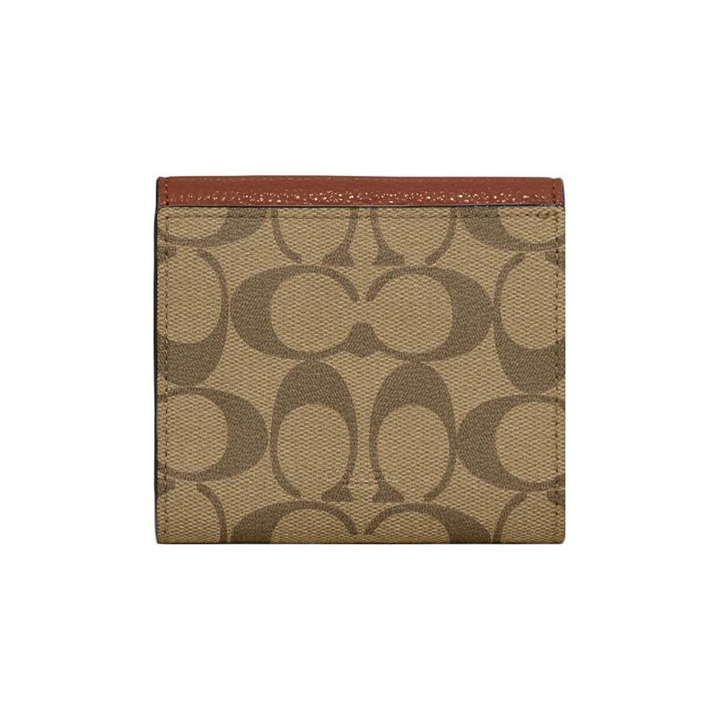 Coach 11 Classic Presbyopic Snap Closure, Canvas and Leather Card Holder Wallet, Small Size, Women's Khaki and Brown