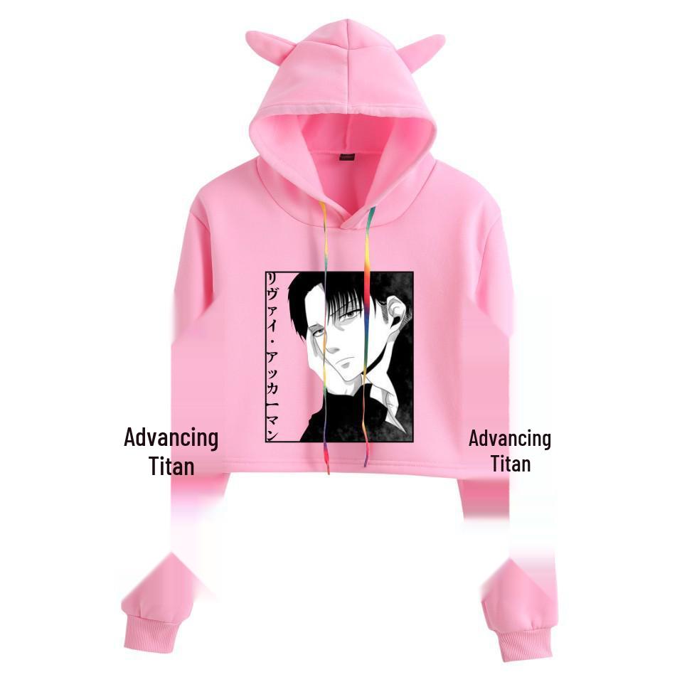 2021 Attack on Titan Anime Print Crop Top Hoodie with Cat Ears for Girls