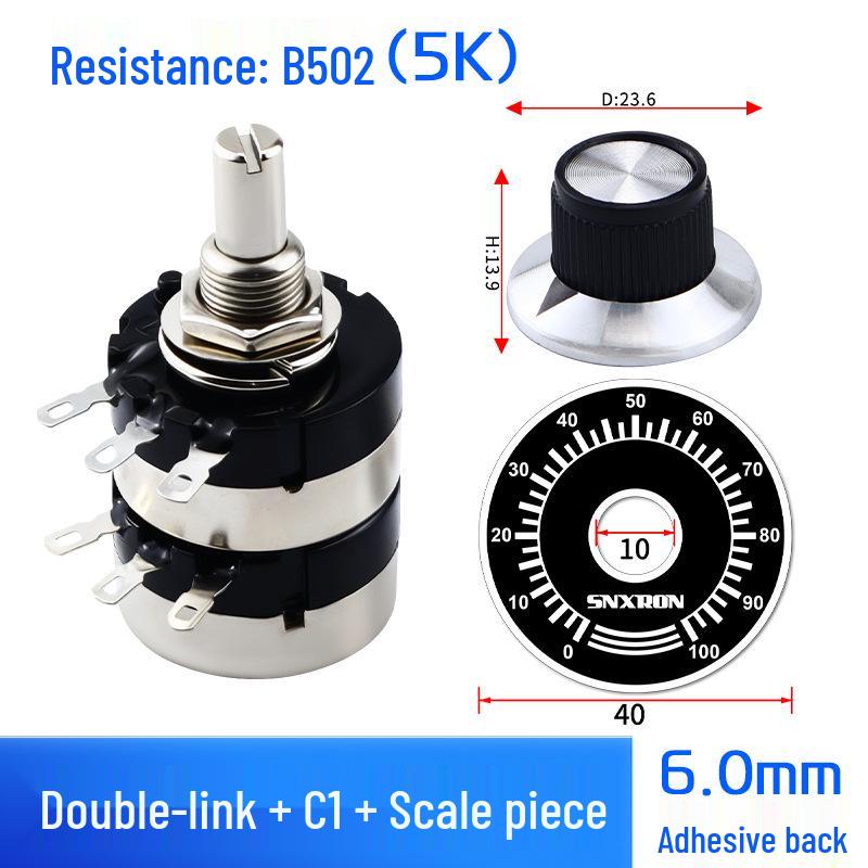 Dual-Gang Carbon Film Potentiometer: RV24YG20S, Variable Frequency Speed Control with B102/202/502 Knob Scale, Available In 5K/20K Ohm.