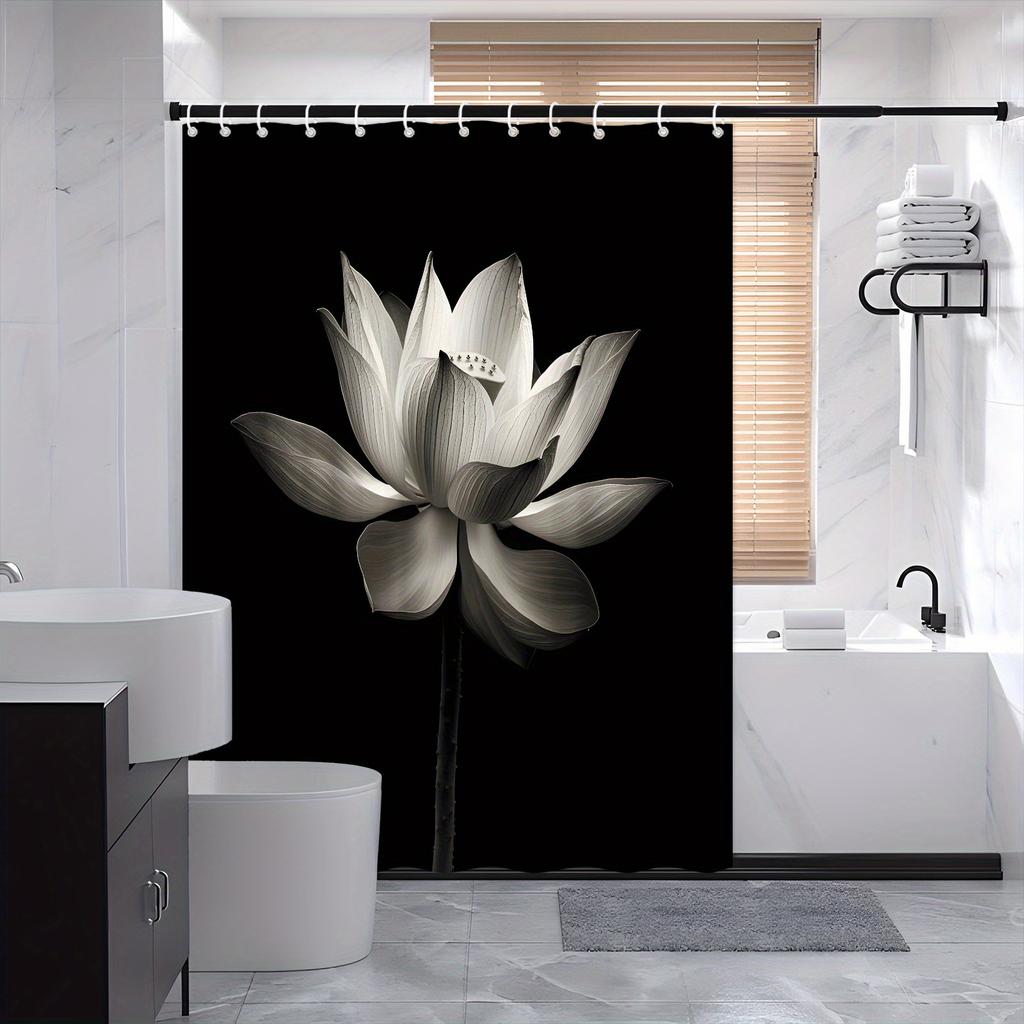 1pc Black and White Photograph of Delicate Lotus Flower in Full Bloom Shower Curtain, Minimalist Design with Subtle Gradients