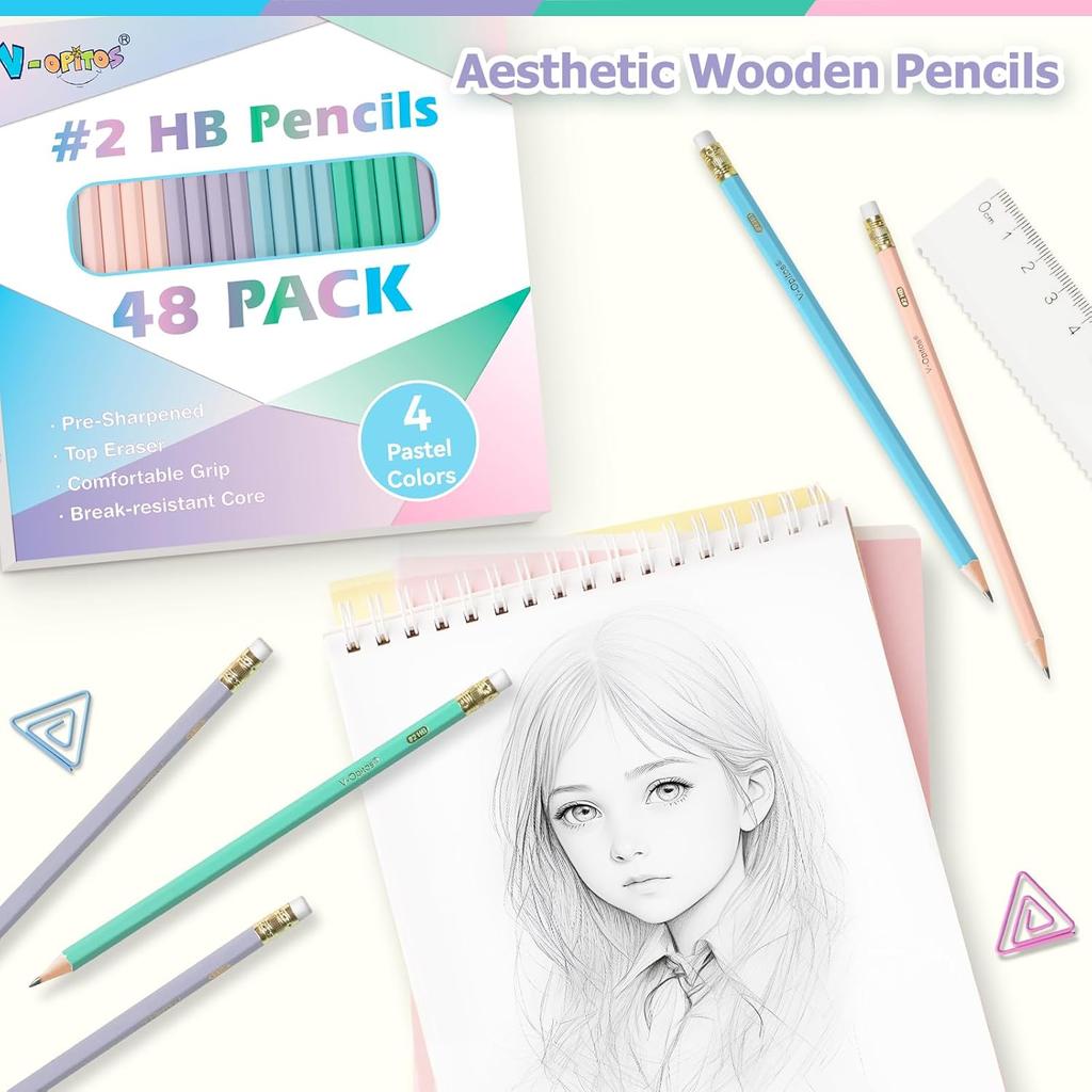 V-Opitos Wood-Cased #2 HB Pencils, 48 Pack Pre-Sharpened Pencils with Top Erasers, Bulk Pastel Color Pencils for School Teacher Supplies, Writing,