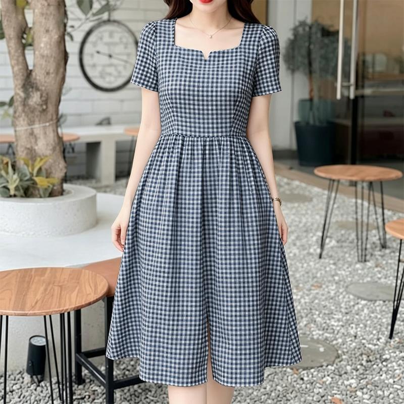 ZANZEA Womens Square Collar Short Sleeve Casual Grid Print Dress
