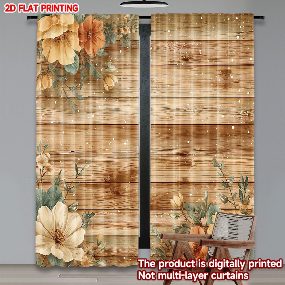 2pcs Warm Floral Woodgrain Curtains 2D Flat Digital Printing   Yellow Orange Blossoms with Green Leaves for Cozy Bedroom Decor