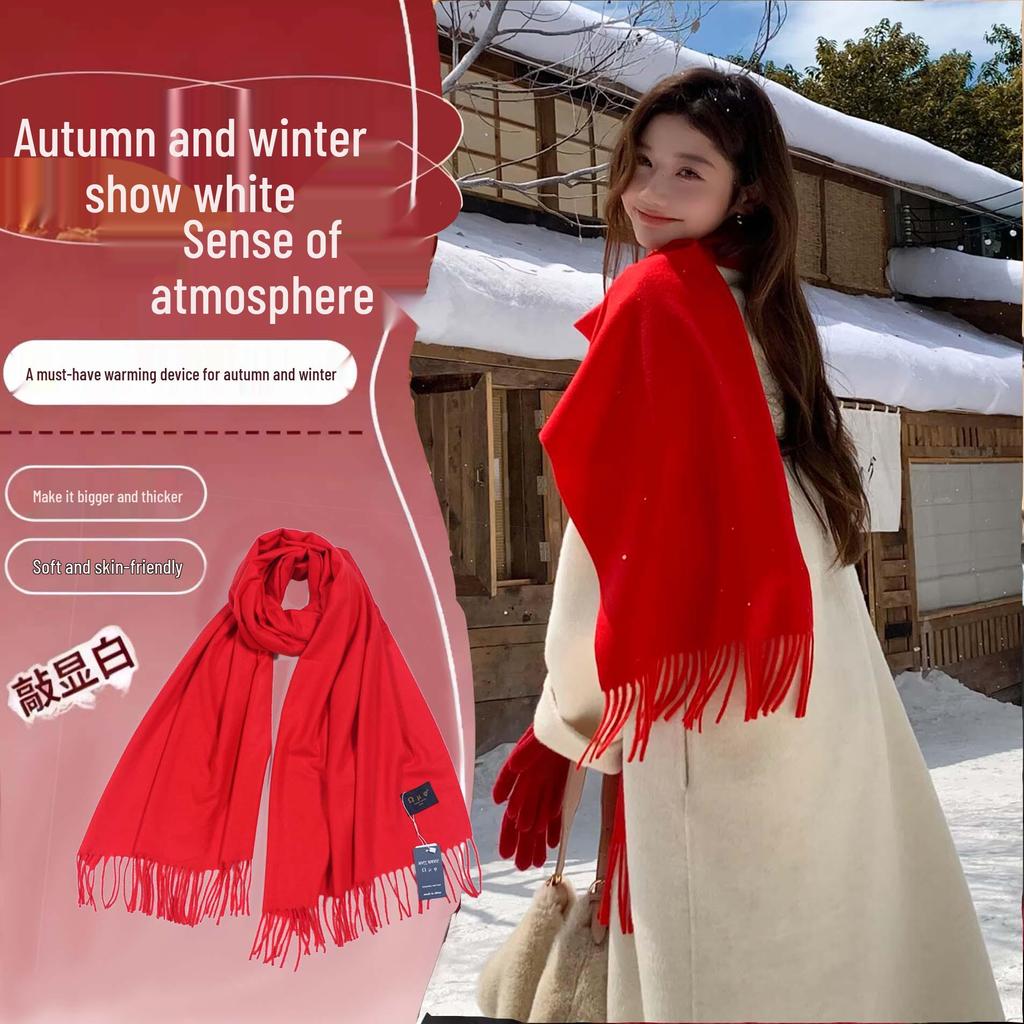 2025 New Korean-Style Women's Christmas Zodiac Red Shawl - Warm Winter Scarf