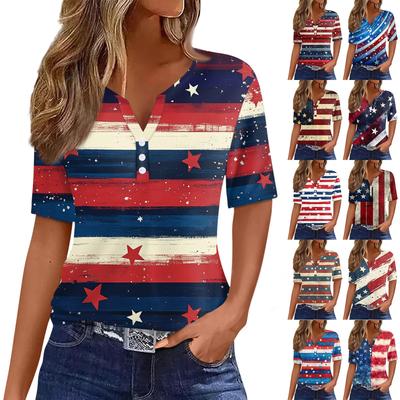 Damen T-Shirt Tee Unabhängigkeitstag Bedruckt Knopf Kurzarm Tunika Täglich Wochenende Mode Basic V-Ausschnitt Regulär Top