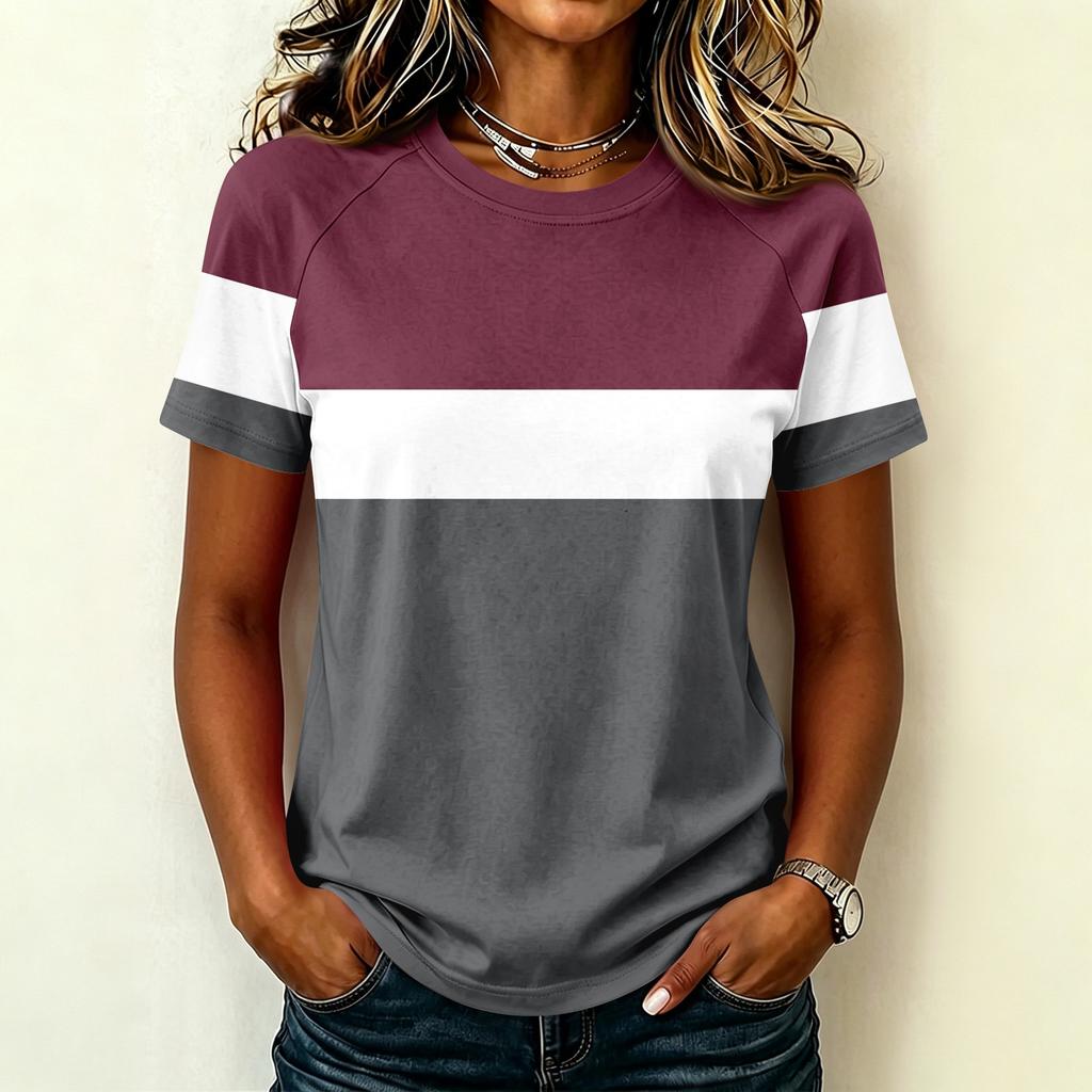 Women's Fashion Raglan Sleeve Crew Neck Casual Colorblock Print Short Sleeve Top Lightweight Soft Fabric Comfortable Fit