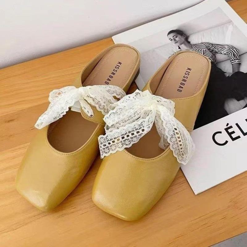 Square head retro lace Mary Jane shoes new shallow mouth single shoes college style bag head flat bottom slippers women