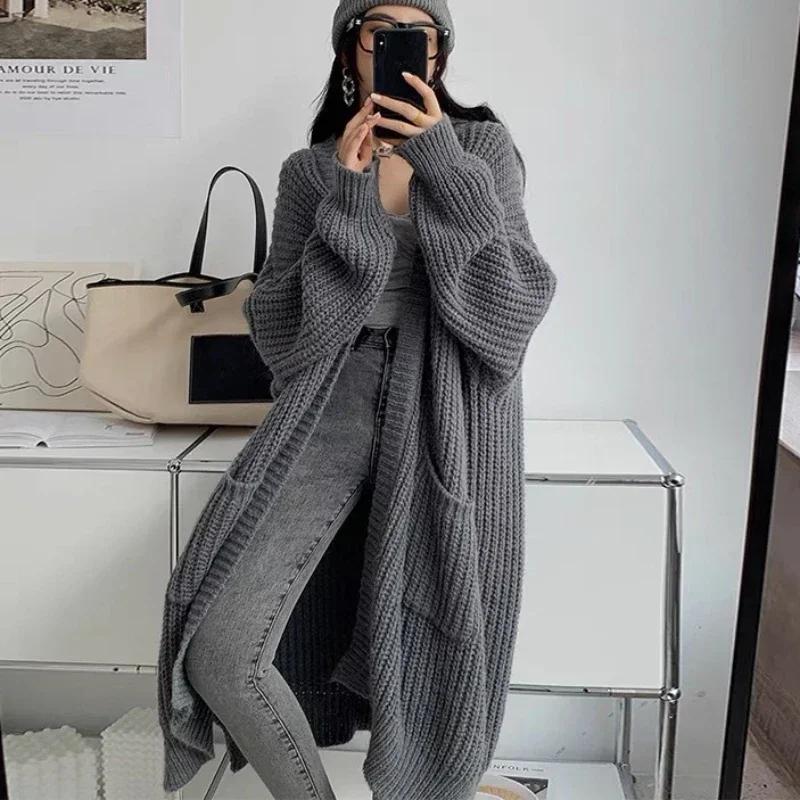 

Autumn Winter Women s Long Cardigan Spring Knitted Loose V-neck Elegant Sweet Outerwear Ladies Sweater Coat Soft Jacket XS серый