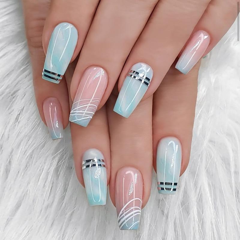 Noste Dlouhý Francouzský Ručně Dělaný Manikúrní Kousek Kamínkový Postupný Přechod Odnímatelná Nálepka na Nehty